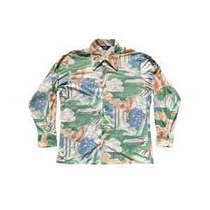 Vintage Nylon Silk Abstract All-Over Boat Large Long Sleeve Button Shirt